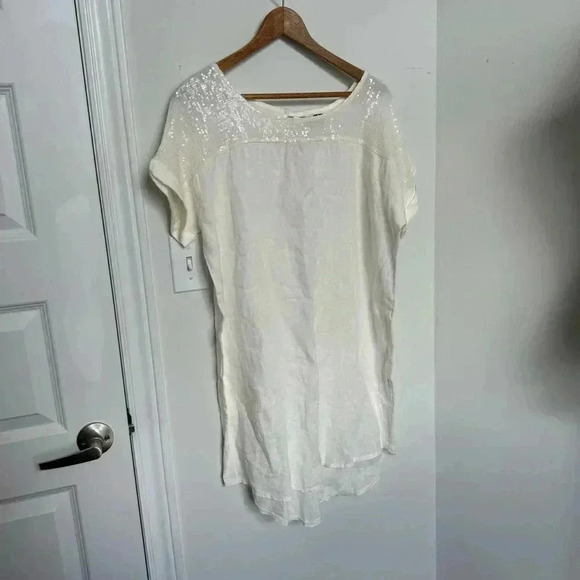 NWT ITALIAN LINEN DRESS WITH SEQUINS SHABBY CHIC COTTAGECORE COASTAL COWGIRL L - Picture 3 of 6